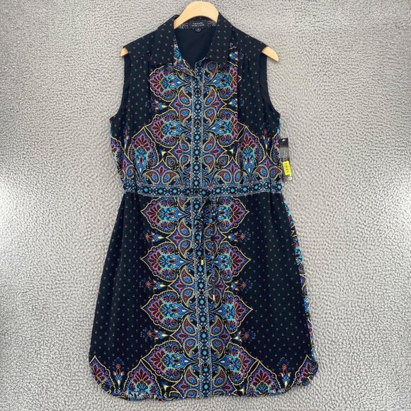 Tahari Dress Womens 8 Black Multi Paisley Button Up Collar Shirt Sleeveless NWT - Picture 1 of 11